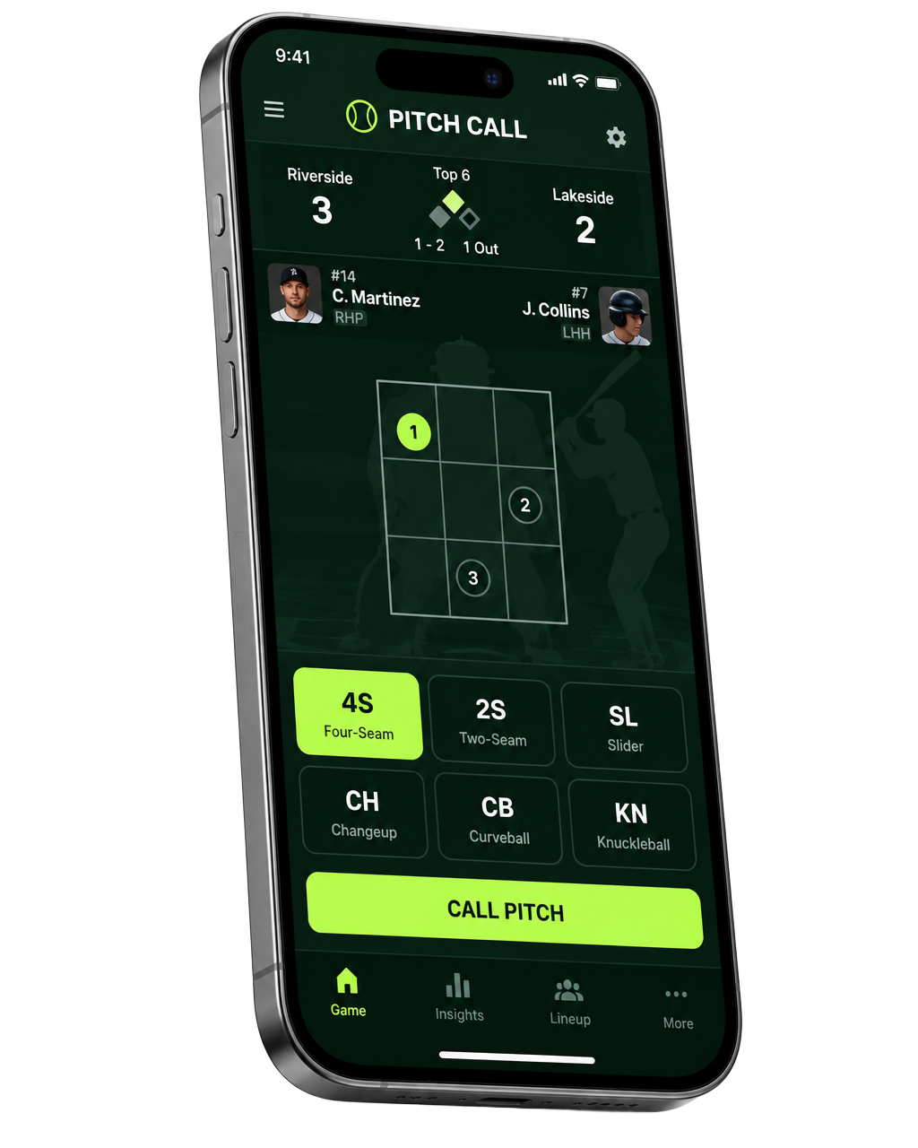 DugoutSignal live pitch call controls on a phone
